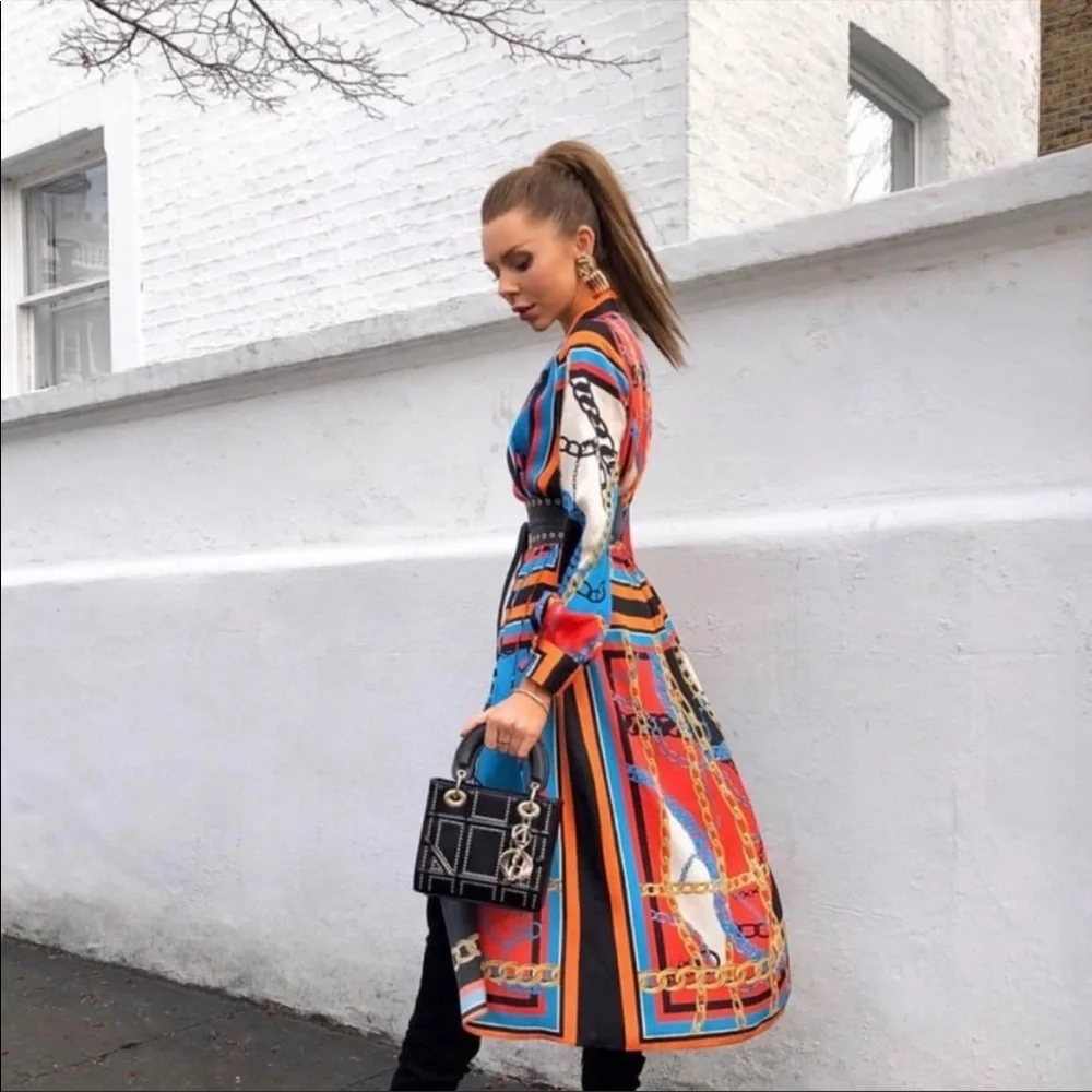 ZARA NWT BLOGGER FAVE Blue & Orange Chain Print Scarf Midi Shirt Dress Sz S - Picture 11 of 13